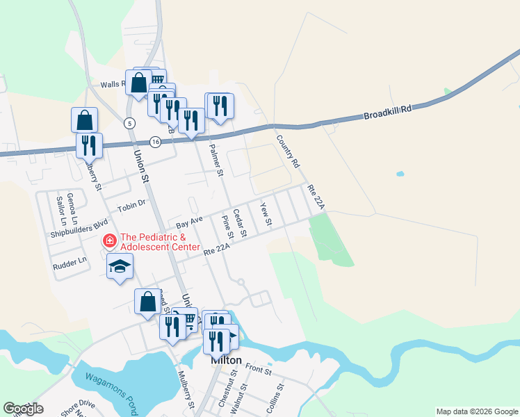 map of restaurants, bars, coffee shops, grocery stores, and more near 415 Yew Street in Milton