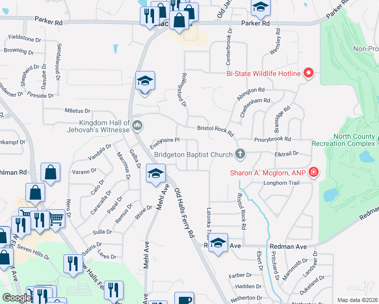 map of restaurants, bars, coffee shops, grocery stores, and more near 4980 Evelynaire Drive in Black Jack