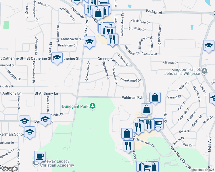 map of restaurants, bars, coffee shops, grocery stores, and more near 2285 Wheatfield Drive in Florissant
