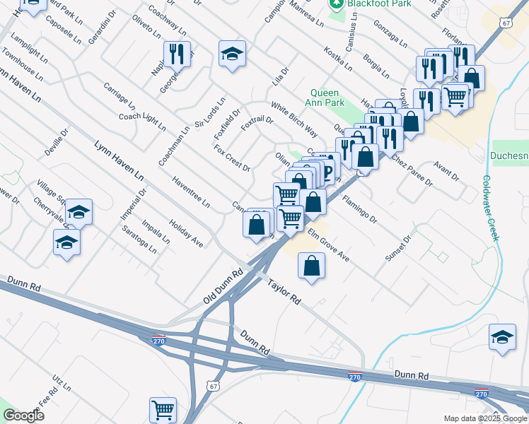 map of restaurants, bars, coffee shops, grocery stores, and more near 493 Coach Light Lane in Hazelwood