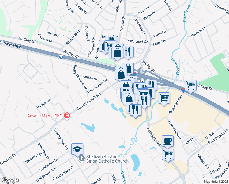 map of restaurants, bars, coffee shops, grocery stores, and more near 1060 Country Club Road in Saint Charles