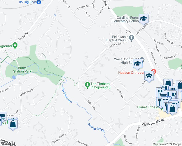 map of restaurants, bars, coffee shops, grocery stores, and more near 8827 Ridge Hollow Court in West Springfield