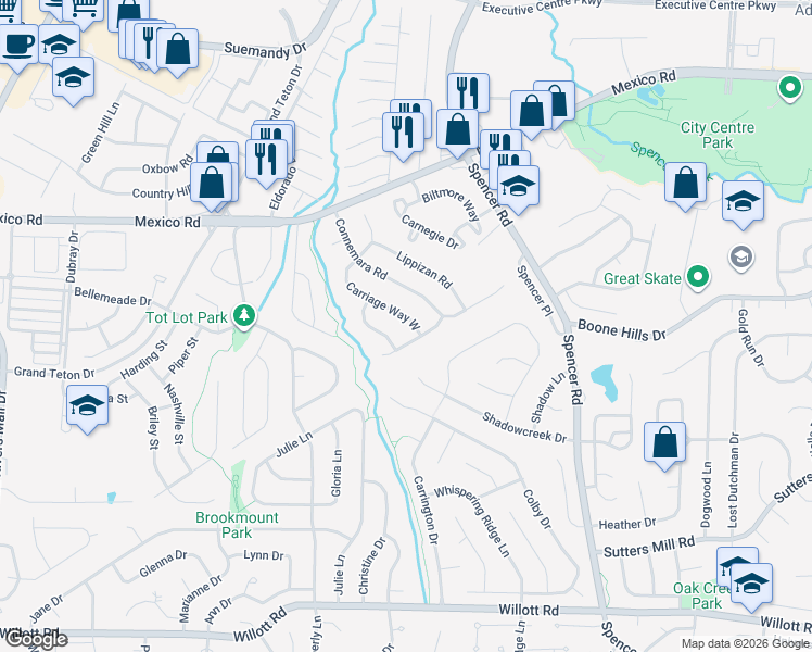 map of restaurants, bars, coffee shops, grocery stores, and more near 28 Carriage Way West in St. Peters