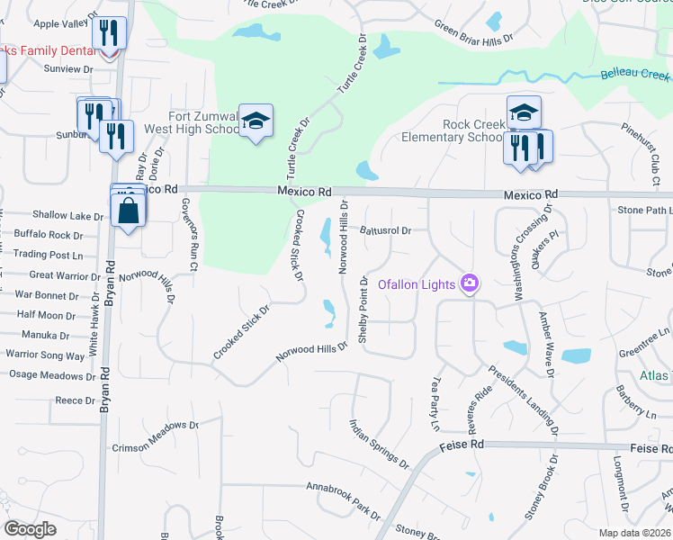 map of restaurants, bars, coffee shops, grocery stores, and more near 1355 Norwood Hills Drive in O'Fallon