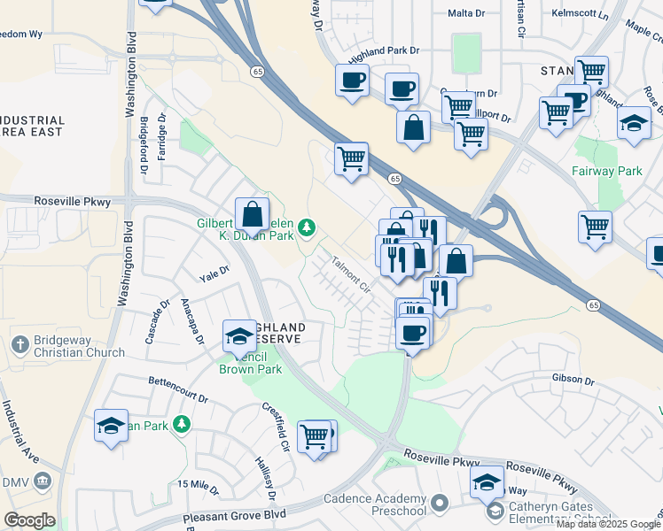 map of restaurants, bars, coffee shops, grocery stores, and more near 137 Talmont Circle in Roseville
