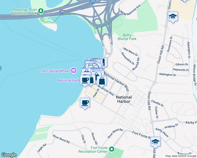 map of restaurants, bars, coffee shops, grocery stores, and more near Potomac Passage in Oxon Hill