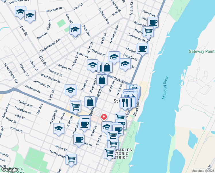 map of restaurants, bars, coffee shops, grocery stores, and more near 400 North 5th Street in Saint Charles