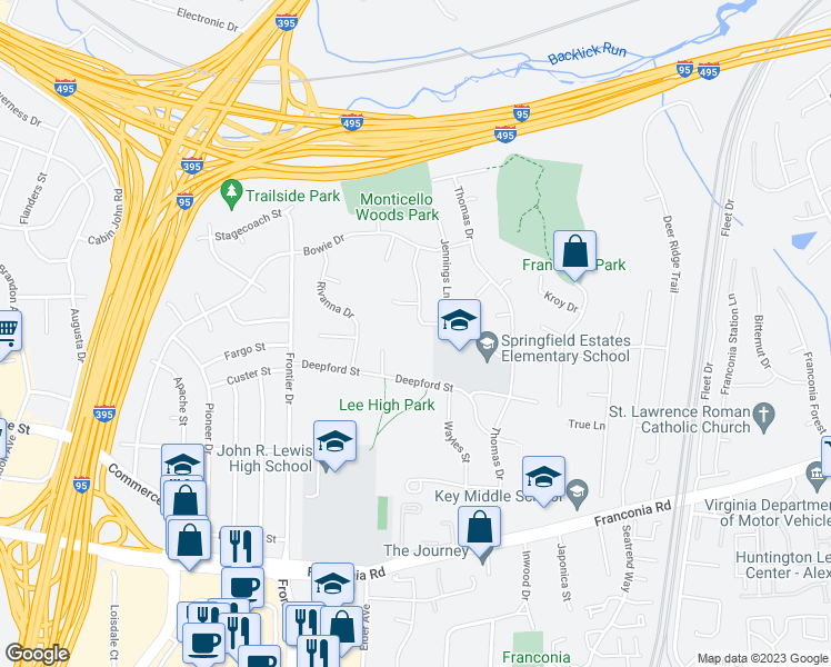 map of restaurants, bars, coffee shops, grocery stores, and more near 6507 Meriwether Lane in Springfield