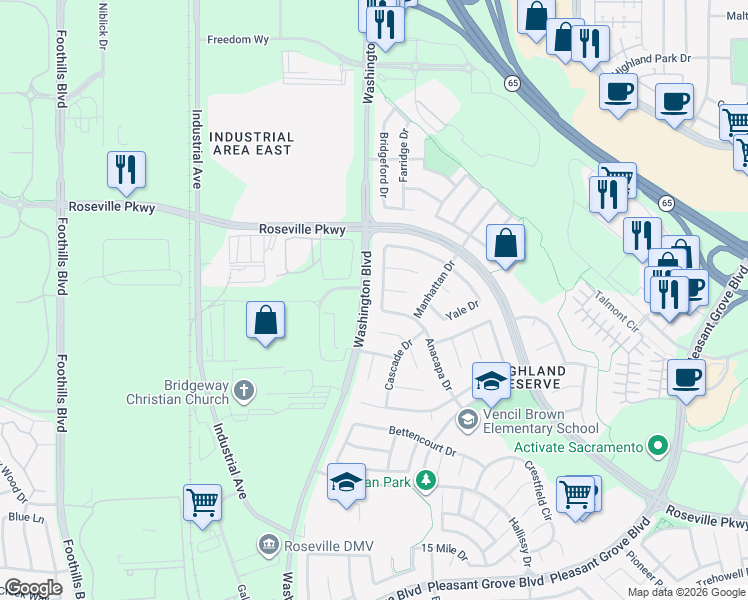 map of restaurants, bars, coffee shops, grocery stores, and more near 776 Spaulding Drive in Roseville