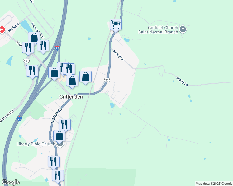 map of restaurants, bars, coffee shops, grocery stores, and more near 240 Markim Drive in Crittenden