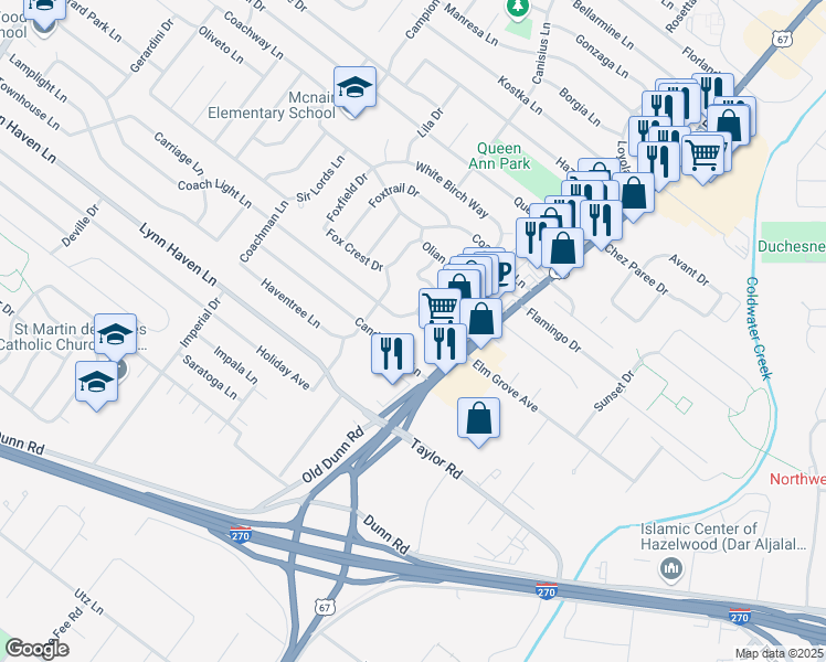 map of restaurants, bars, coffee shops, grocery stores, and more near 493 Coach Light Lane in Hazelwood