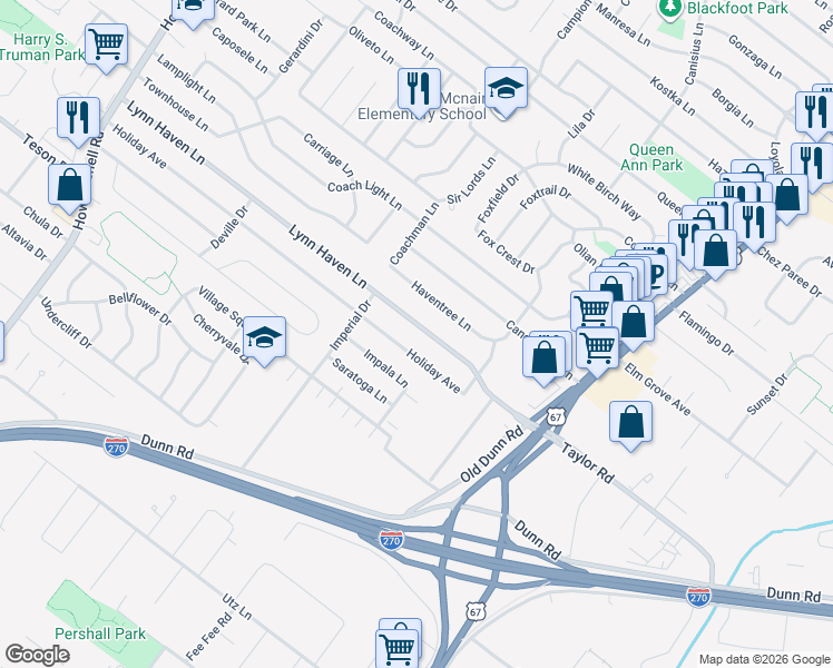 map of restaurants, bars, coffee shops, grocery stores, and more near 542 Haventree Lane in Hazelwood