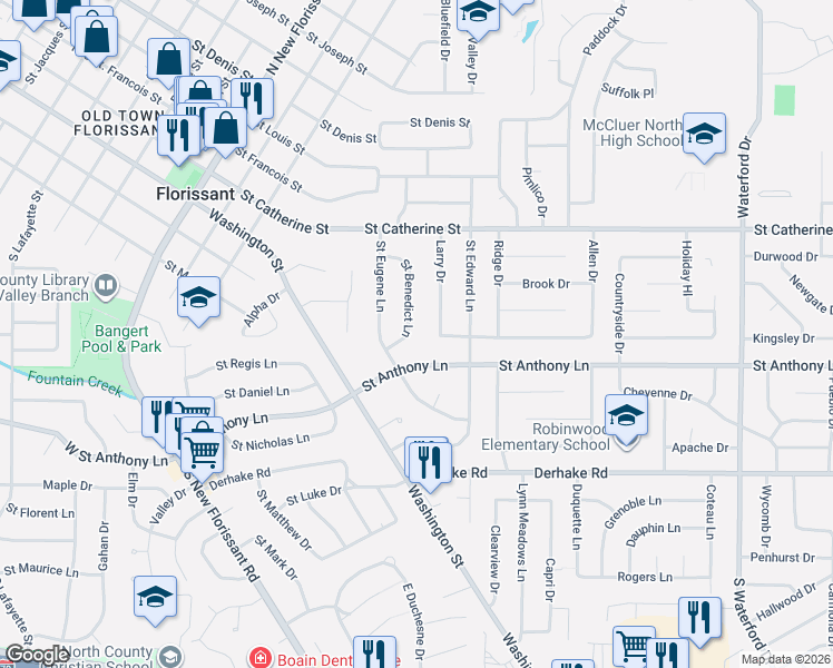map of restaurants, bars, coffee shops, grocery stores, and more near 355 Larry Drive in Florissant
