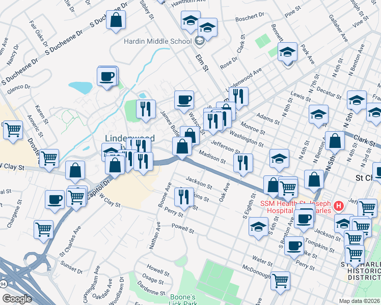 map of restaurants, bars, coffee shops, grocery stores, and more near 120 South Kingshighway Street in Saint Charles
