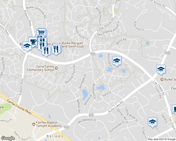 map of restaurants, bars, coffee shops, grocery stores, and more near 6104 Winnepeg Drive in Burke