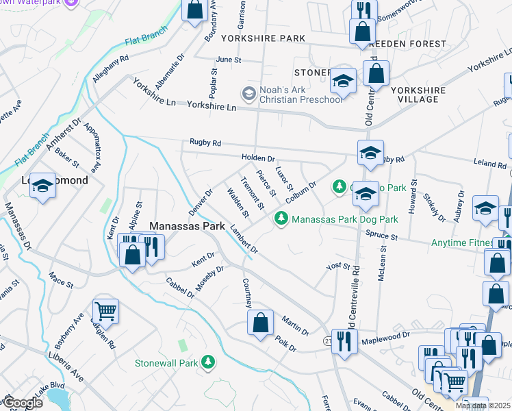 map of restaurants, bars, coffee shops, grocery stores, and more near 107 Tremont Street in Manassas Park