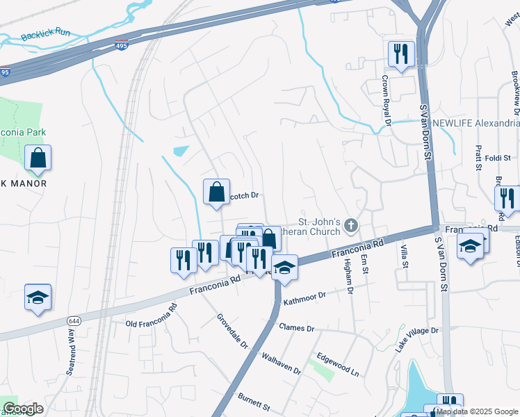 map of restaurants, bars, coffee shops, grocery stores, and more near 6104 Marilyn Drive in Alexandria