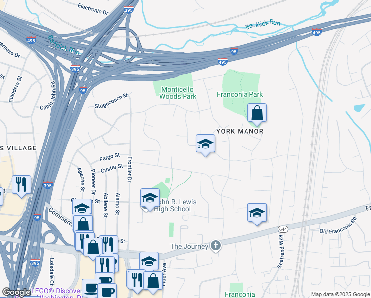 map of restaurants, bars, coffee shops, grocery stores, and more near 6507 Meriwether Lane in Springfield
