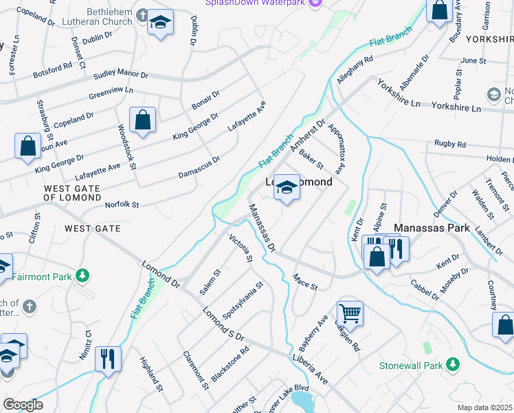 map of restaurants, bars, coffee shops, grocery stores, and more near 7833 Manassas Drive in Manassas