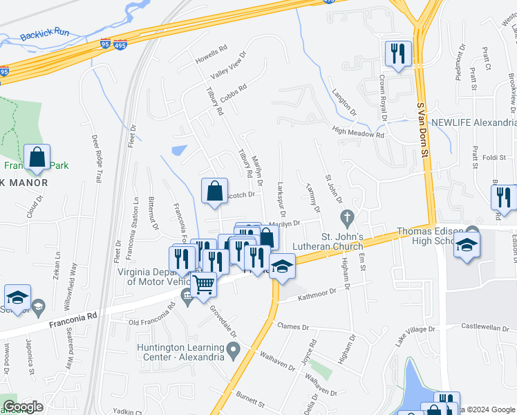 map of restaurants, bars, coffee shops, grocery stores, and more near 6104 Marilyn Drive in Alexandria
