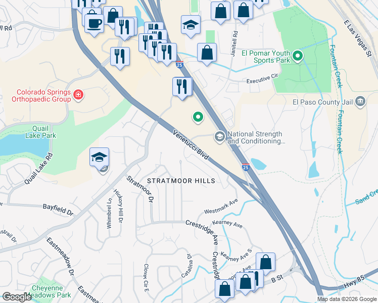 map of restaurants, bars, coffee shops, grocery stores, and more near 3101-3159 Venetucci Boulevard in Colorado Springs