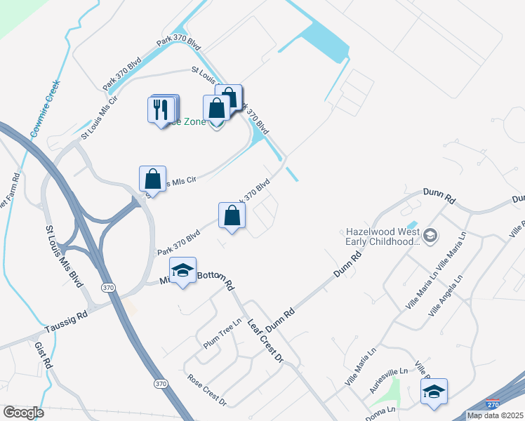 map of restaurants, bars, coffee shops, grocery stores, and more near 4824 Park 370 Boulevard in Hazelwood