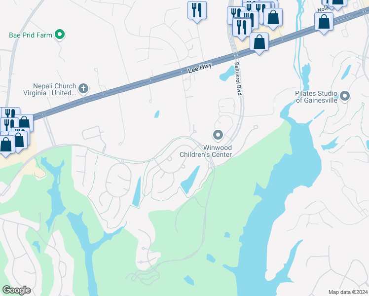 map of restaurants, bars, coffee shops, grocery stores, and more near 7975 Bonnie Briar Loop in Gainesville