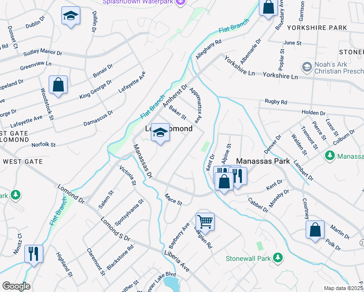 map of restaurants, bars, coffee shops, grocery stores, and more near 7815 Appomattox Avenue in Manassas