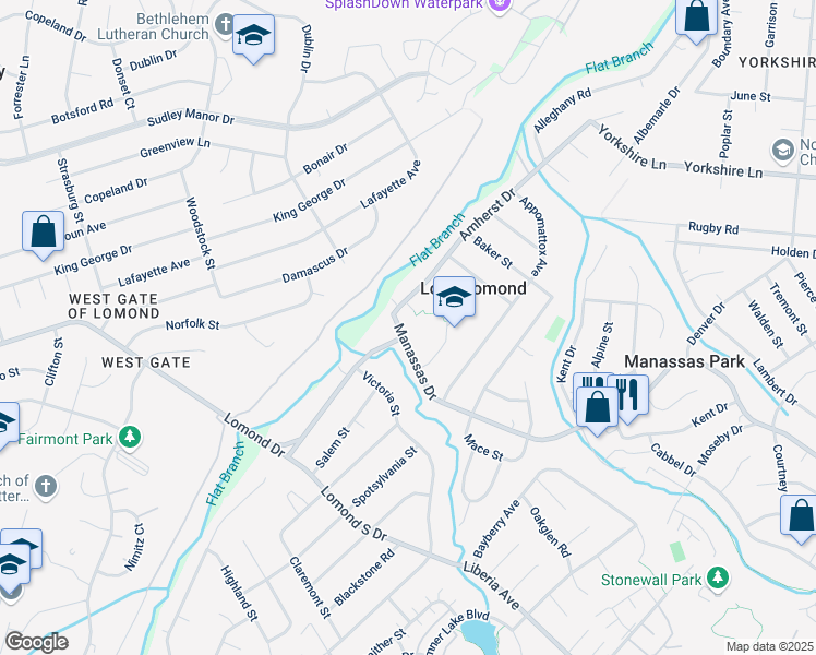 map of restaurants, bars, coffee shops, grocery stores, and more near 7833 Manassas Drive in Manassas