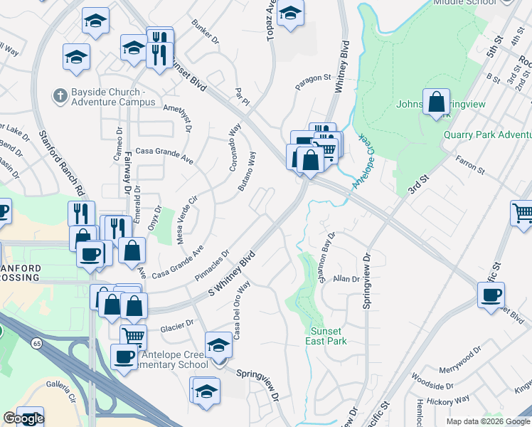 map of restaurants, bars, coffee shops, grocery stores, and more near 5601 Chalmette Court in Rocklin