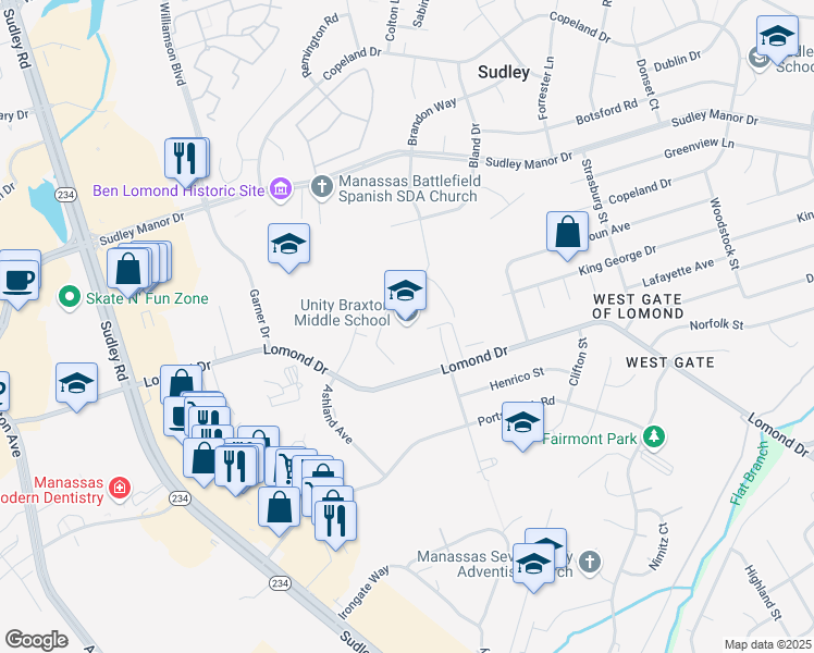 map of restaurants, bars, coffee shops, grocery stores, and more near 10100 Lomond Drive in Manassas