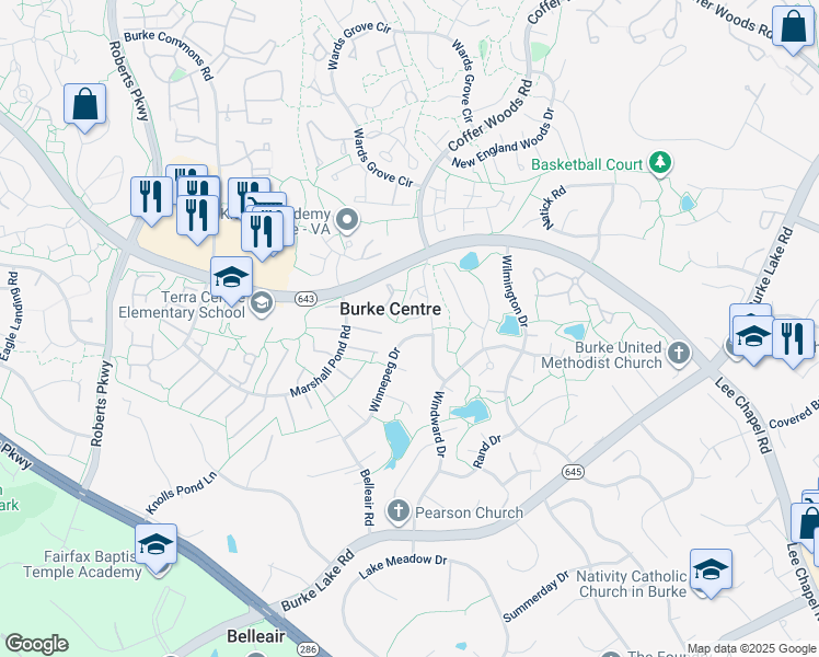 map of restaurants, bars, coffee shops, grocery stores, and more near 6104 Winnepeg Drive in Burke