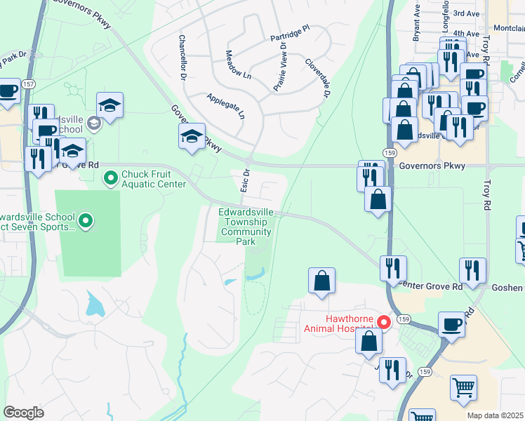 map of restaurants, bars, coffee shops, grocery stores, and more near 6368 Center Grove Road in Edwardsville