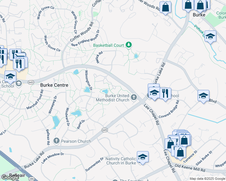 map of restaurants, bars, coffee shops, grocery stores, and more near 9809 Burke Pond Lane in Burke