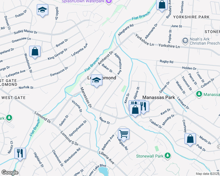 map of restaurants, bars, coffee shops, grocery stores, and more near 7815 Appomattox Avenue in Manassas