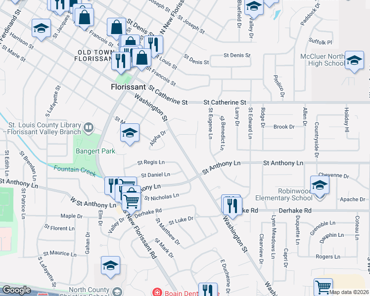 map of restaurants, bars, coffee shops, grocery stores, and more near 1525 Washington Street in Florissant