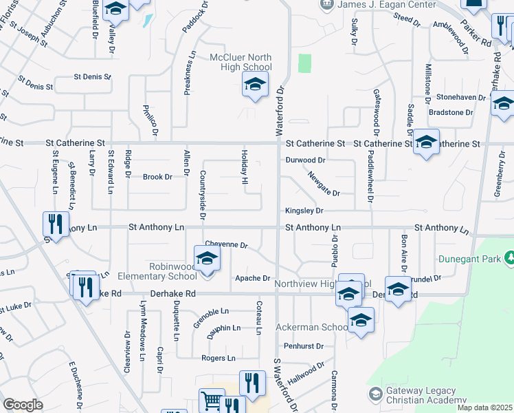 map of restaurants, bars, coffee shops, grocery stores, and more near 2905 Holiday Hill Drive in Florissant