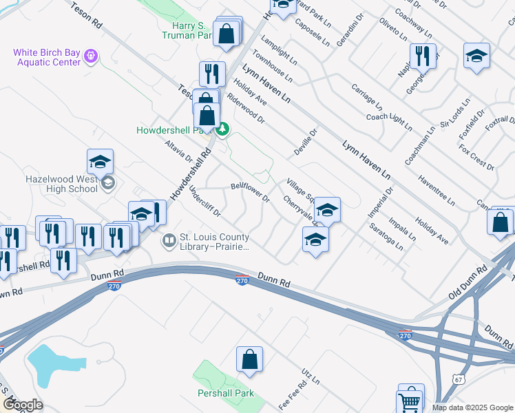 map of restaurants, bars, coffee shops, grocery stores, and more near 6717 Village Square Drive in Hazelwood