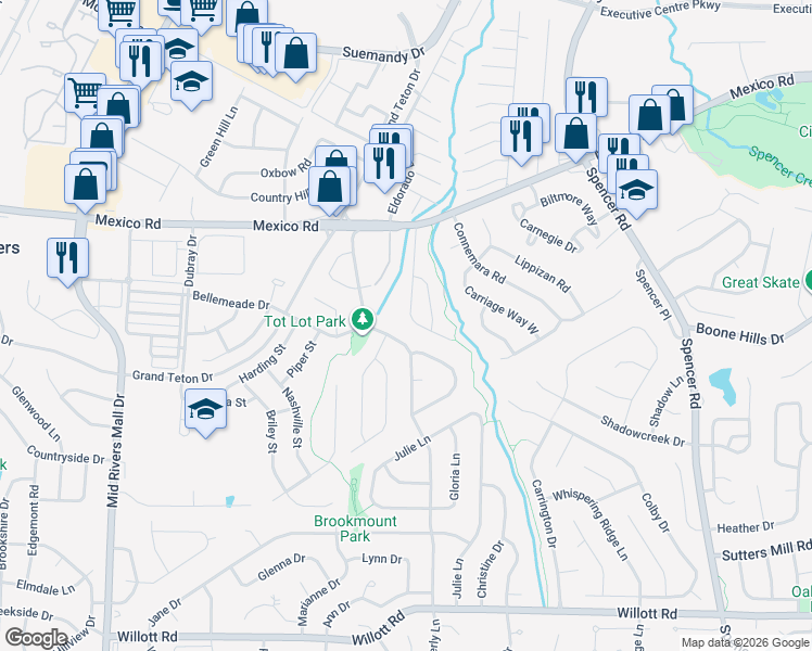map of restaurants, bars, coffee shops, grocery stores, and more near 871 Du Pre Court in St. Peters