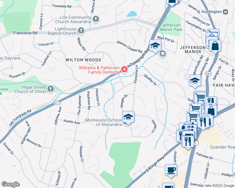 map of restaurants, bars, coffee shops, grocery stores, and more near 6021 Beech Tree Drive in Alexandria