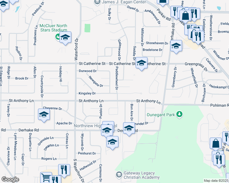 map of restaurants, bars, coffee shops, grocery stores, and more near 3225 Kingsley Drive in Florissant
