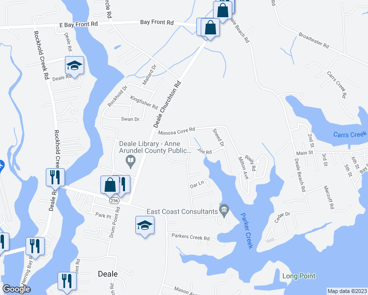 map of restaurants, bars, coffee shops, grocery stores, and more near 5910 Tyler Road in Deale