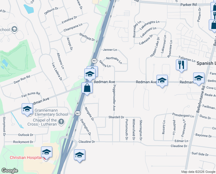 map of restaurants, bars, coffee shops, grocery stores, and more near 1910 Redman Road in St. Louis