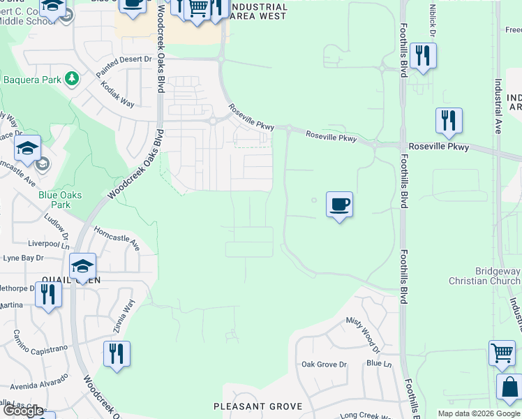 map of restaurants, bars, coffee shops, grocery stores, and more near Unnamed Road in Roseville