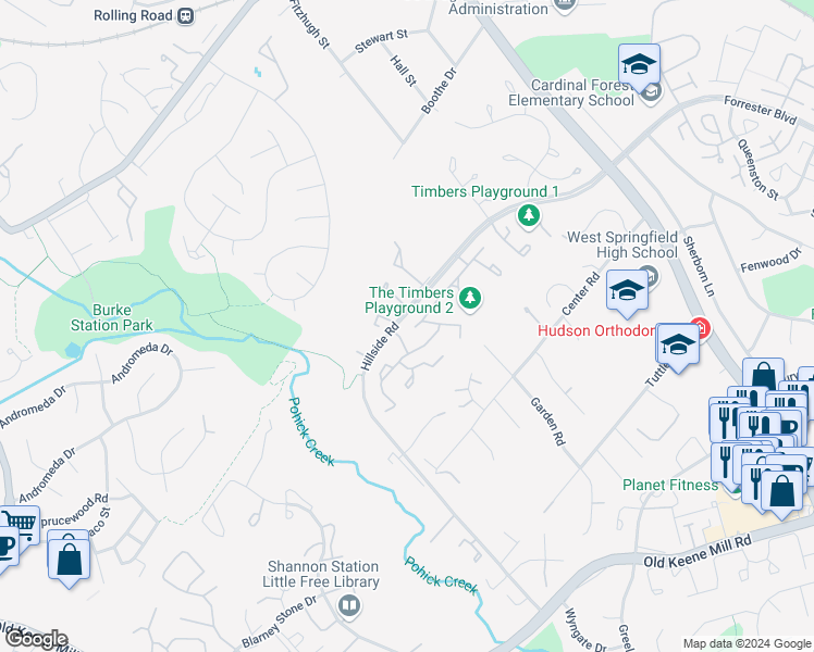map of restaurants, bars, coffee shops, grocery stores, and more near 8830 Ridge Hollow Court in West Springfield