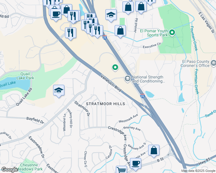 map of restaurants, bars, coffee shops, grocery stores, and more near 3205 CanAm Highway in Colorado Springs