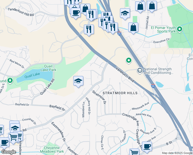 map of restaurants, bars, coffee shops, grocery stores, and more near 3235 Ash Hopper Lane in Colorado Springs