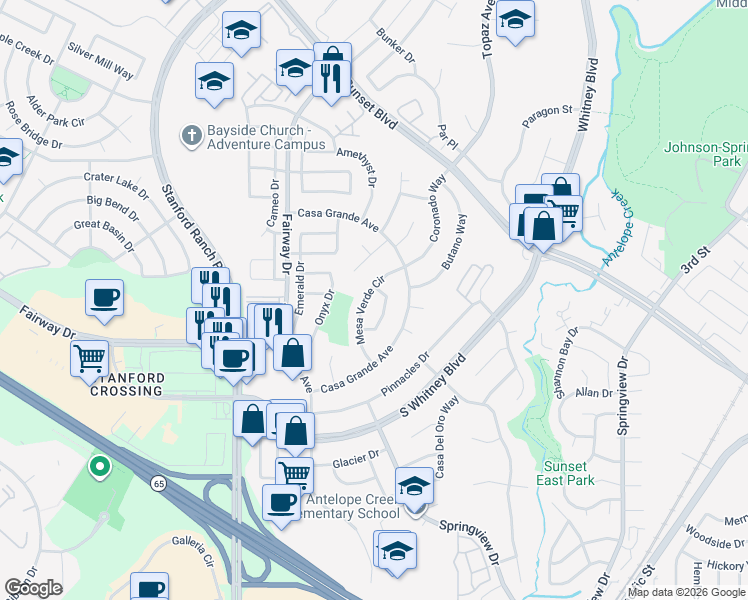 map of restaurants, bars, coffee shops, grocery stores, and more near 5103 Mesa Verde Circle in Rocklin