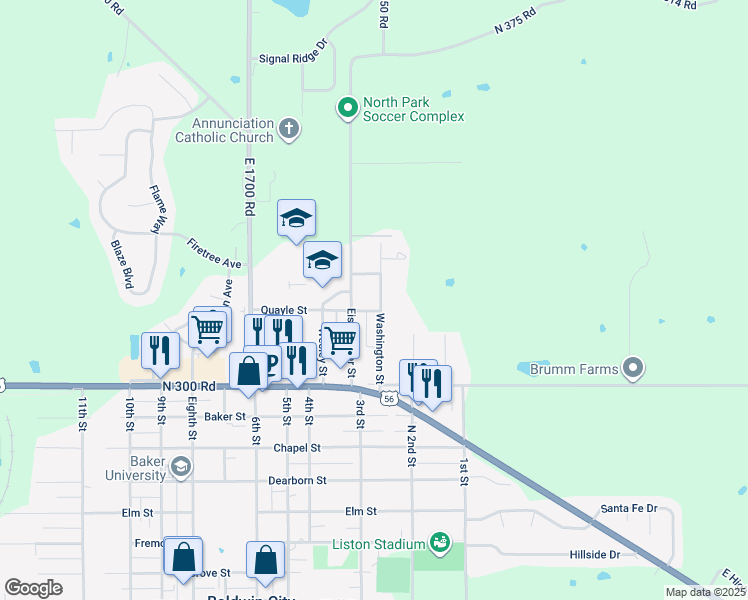map of restaurants, bars, coffee shops, grocery stores, and more near 313 Washington Street in Baldwin City