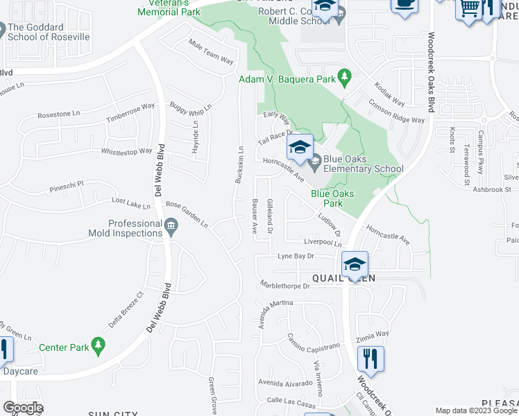 map of restaurants, bars, coffee shops, grocery stores, and more near 8104 Bauser Avenue in Roseville